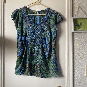 One World Embellished Paisley Print Top Womens Blue Green Short Sleeve